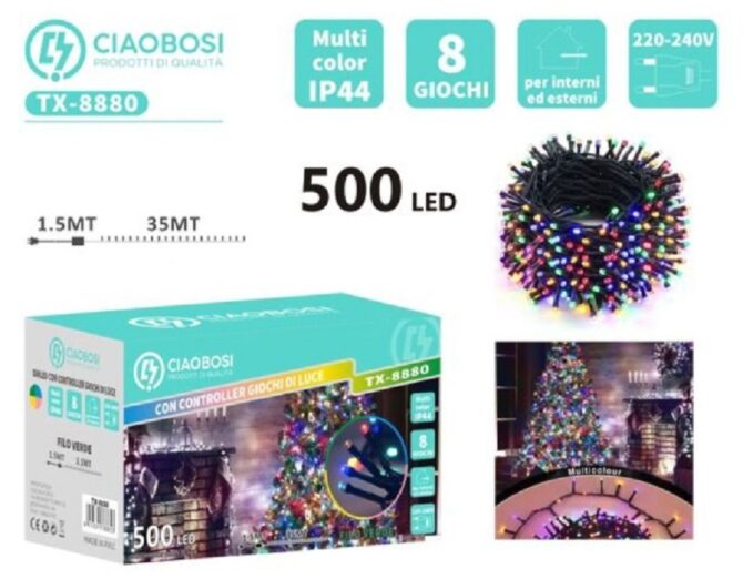 Catena Natale 500 led luci multicolor cavo nero 36 m