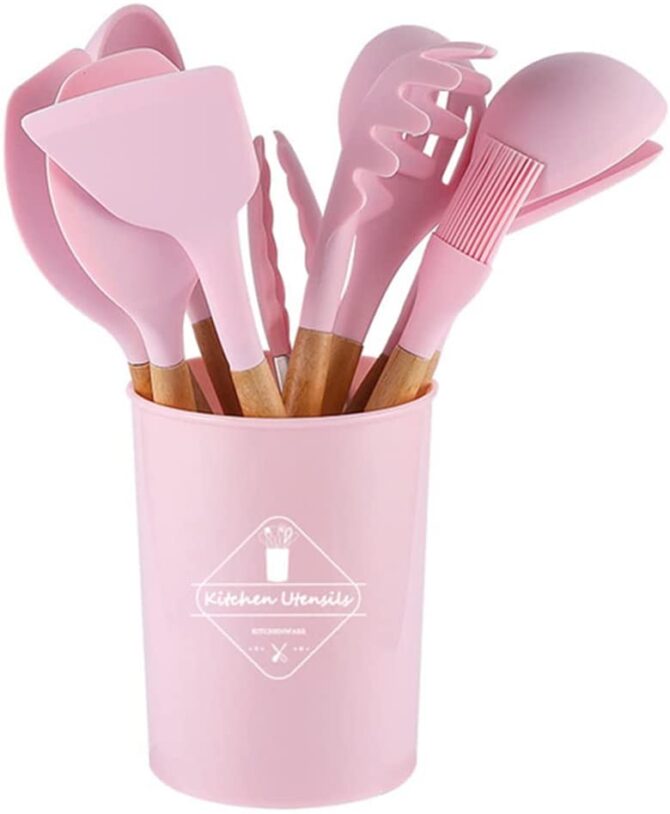 Set di utensili da cucina utensili da cucina da 11 pezzi set di utensili da cucina con portautensili rosa