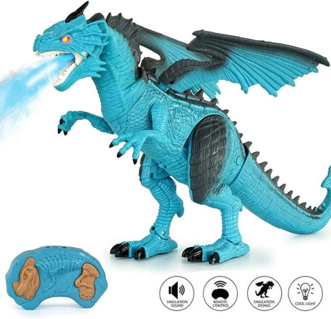 Drago Dinosauro Robot Radiocomandato Giocattolo per Bambini con Luci Suoni ed Effetto Sputa Fuoco con Fumo Cammina Muove Testa e Ali Curato in Ogni Dettaglio Altezza 47 cm