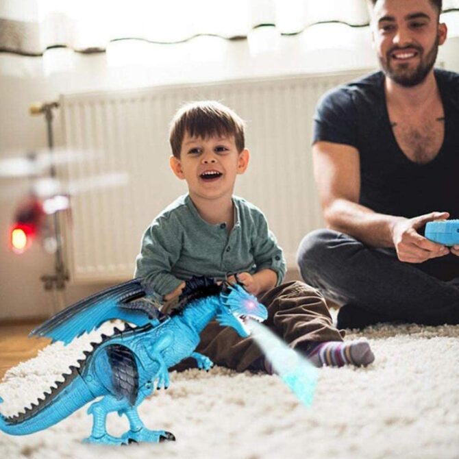 Drago Dinosauro Robot Radiocomandato Giocattolo per Bambini con Luci Suoni ed Effetto Sputa Fuoco con Fumo Cammina Muove Testa e Ali Curato in Ogni Dettaglio Altezza 47 cm