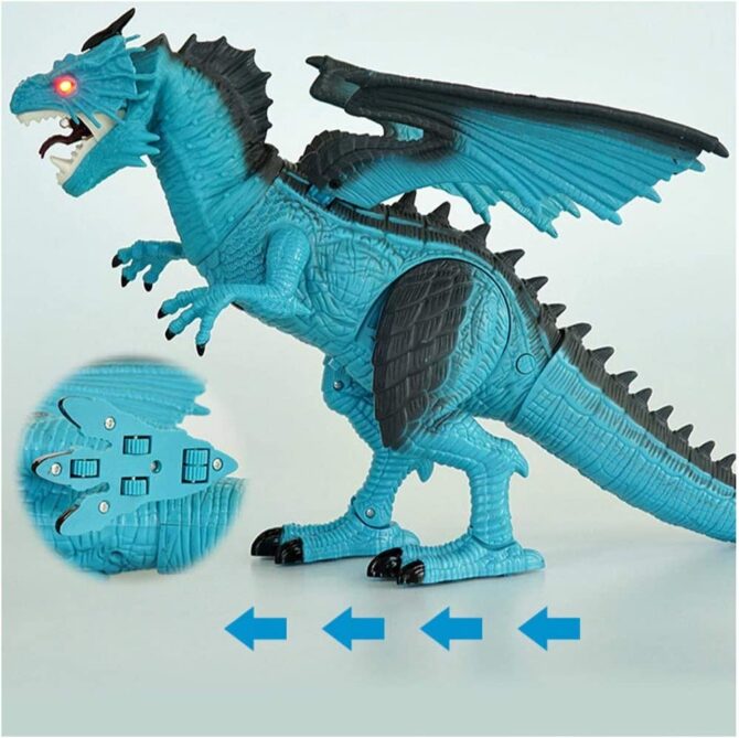 Drago Dinosauro Robot Radiocomandato Giocattolo per Bambini con Luci Suoni ed Effetto Sputa Fuoco con Fumo Cammina Muove Testa e Ali Curato in Ogni Dettaglio Altezza 47 cm