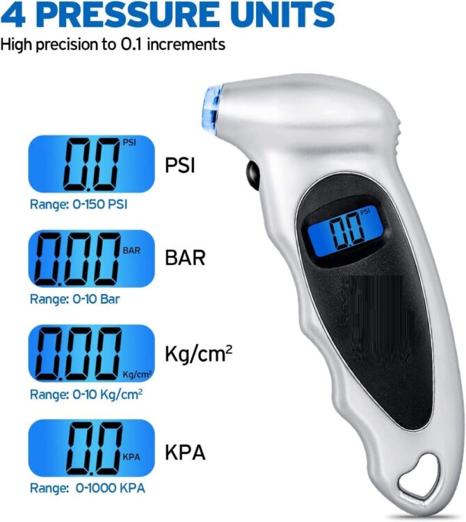 Manometro digitale per pneumatici 150 PSI 4 impostazioni per auto camion bicicletta LCD retroilluminato impugnatura antiscivolo e ugello illuminato