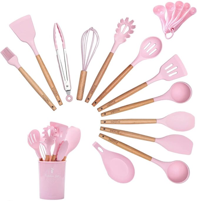 Set di utensili da cucina utensili da cucina da 11 pezzi set di utensili da cucina con portautensili rosa