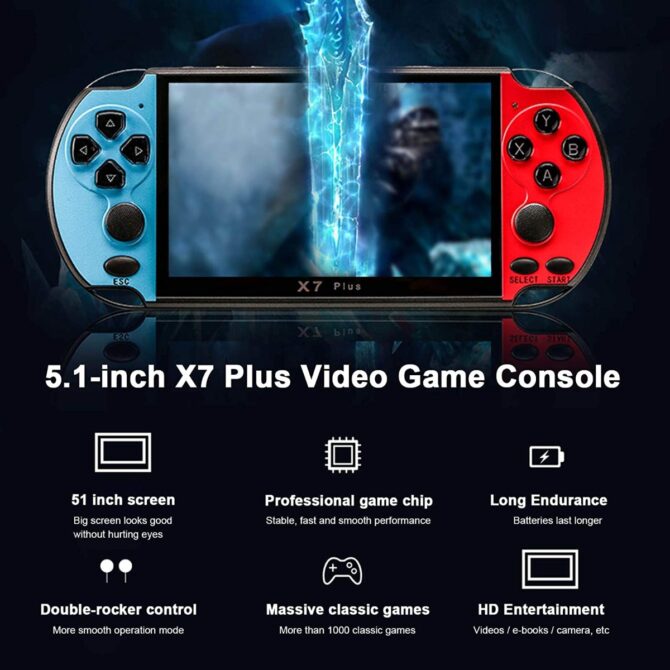 Console per Videogiochi Portatile X7 Plus da 5,1 Pollici 8GB Retro Console per Videogiochi 4K TV-out MP5 HD