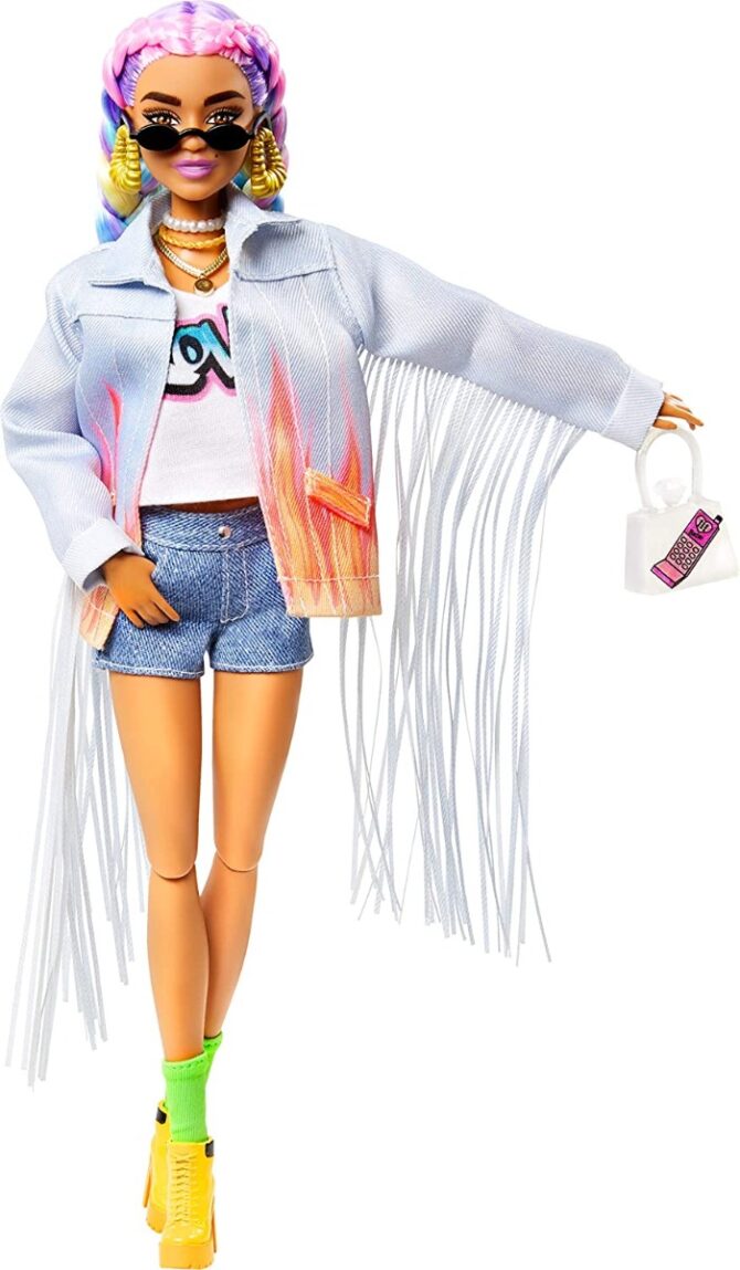 Barbie Extra Bambola con Giubbotto di Jeans, Cagnolino, Trecce Arcobaleno e Tanti Accessori