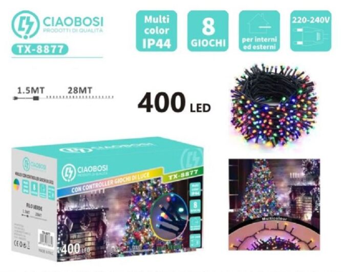 Catena Natale 400 led luci multicolor cavo nero 29 m