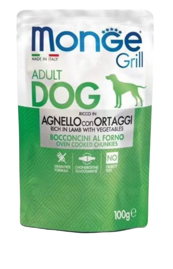 Monge grill cibo per cani adulti -bocconcini al forno gusto agnello con ortaggi busta da 100g