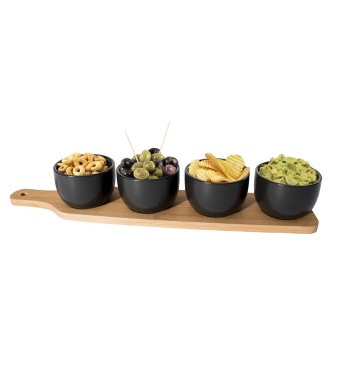 Antipastiera set aperitivo 4 ciotole in ceramica nera base bamboo