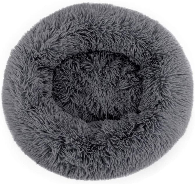 Cuccia di Peluche a Forma di Ciambella per Gatti e Cani Super Morbida con Base Antiscivolo 70cm Grigia