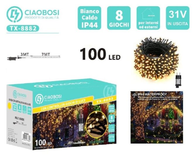 Catena Natale 100 led luci bianco caldo cavo nero 10 m