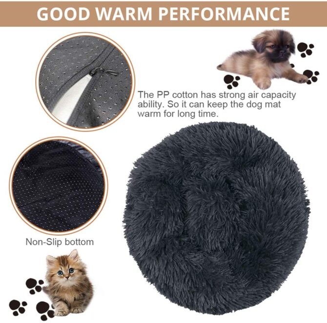 Cuccia di peluche a forma di ciambella per gatti e cani super morbida con base antiscivolo 70cm Grigia