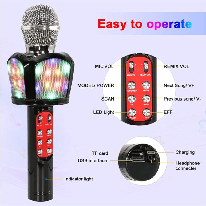 Microfono bluetooth portatile per karaoke portatile, con luci a LED controllabili. Compatibile con dispositivi Android/iOS