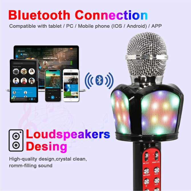 Microfono bluetooth portatile per karaoke portatile, con luci a LED controllabili. Compatibile con dispositivi Android/iOS