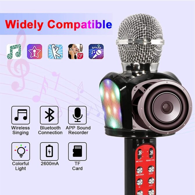 Microfono bluetooth portatile per karaoke portatile, con luci a LED controllabili. Compatibile con dispositivi Android/iOS