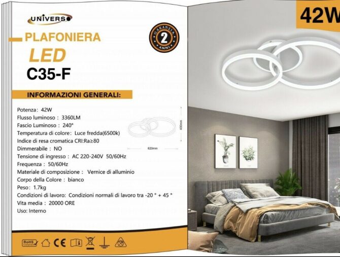 Lampadario led plafoniera a soffitto moderno a cerchi 42w luce bianca C32-F