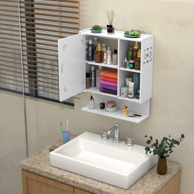 Pensile bagno bianco sospeso in legno mdf mobile armadietto 1 ante mobiletto