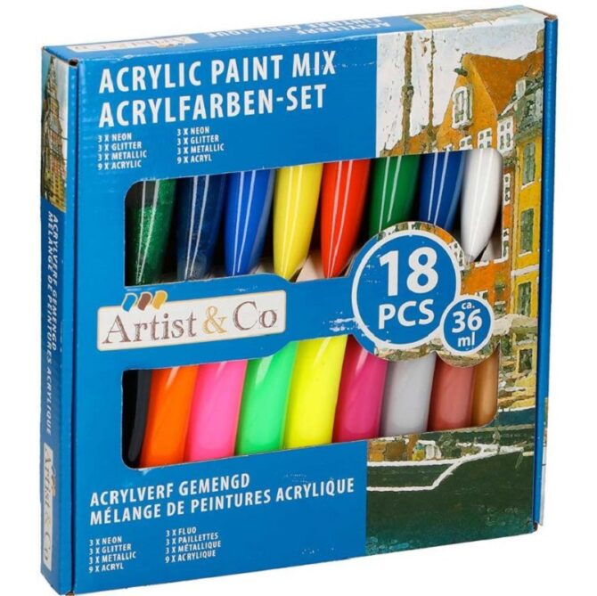 Pittura acrilica vernice confezione 18pz colori assortiti tubetto da 36ml artico