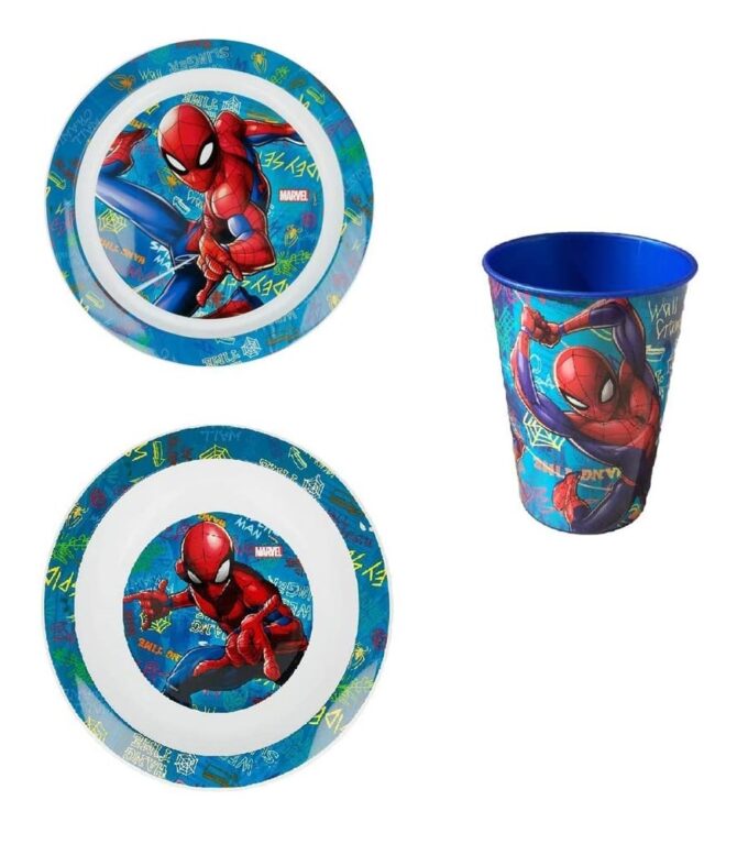 Set Pappa Spiderman Uomo Ragno Marvel 2 Piatti + Bicchiere Bambino