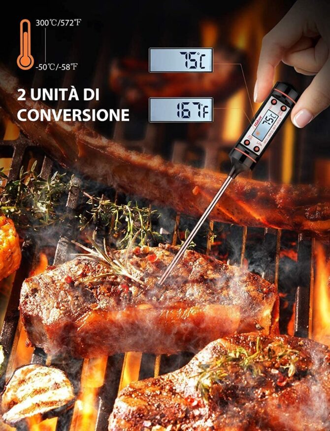 Habor Termometro da Cucina, 5.9" Sonda Lunga, 5S Lettura Istantanea, Display LCD con Controluce Termometro Cucina Digitale Professionale per Carne BBQ Latte Vino Olio Acqua Alimenti