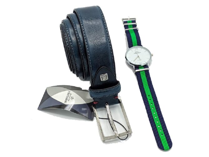 Set uomo box regalo 874-35 furstenberg Cintura Uomo Blu Cinta 125 cm Fodera in Pelle con Orologio Stoffa Verde e Blu